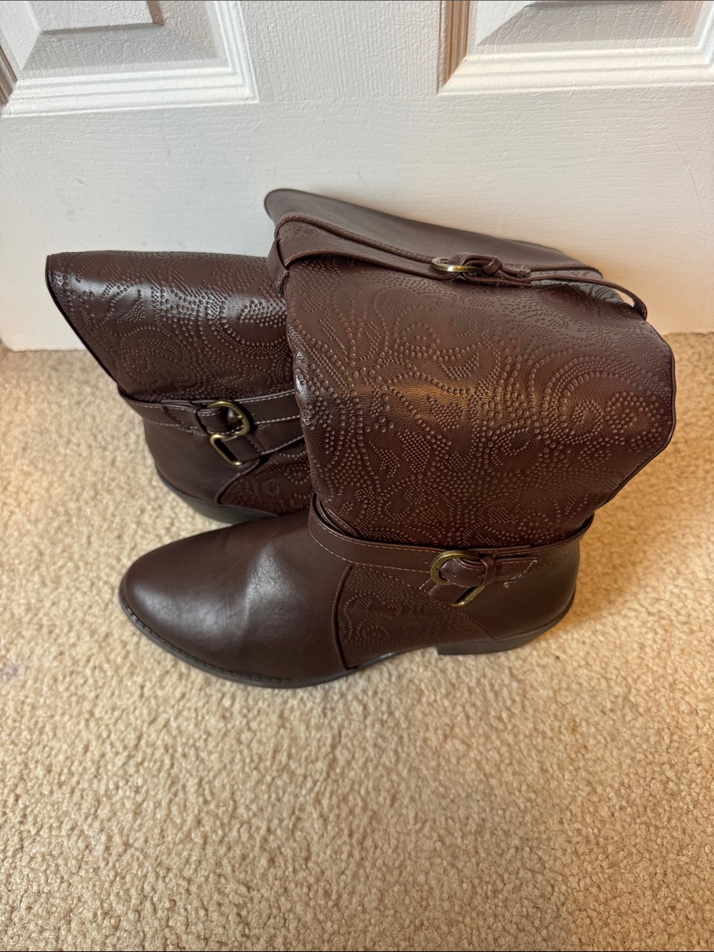 easy street Brown Fold-Over Embossed Buckle Heeled Boots